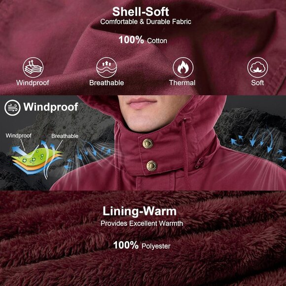 Mens Wine Red Thick Winter Jacket Hooded Fleece Lined Cotton Military Coat - Picture 3 of 6